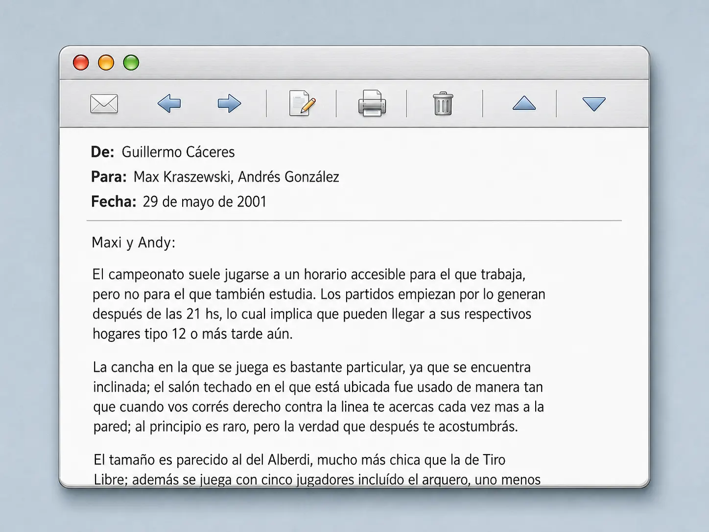 Mail de Guille del 29 de mayo de 2001 invitando a Andrés y Max a sumarse al equipo